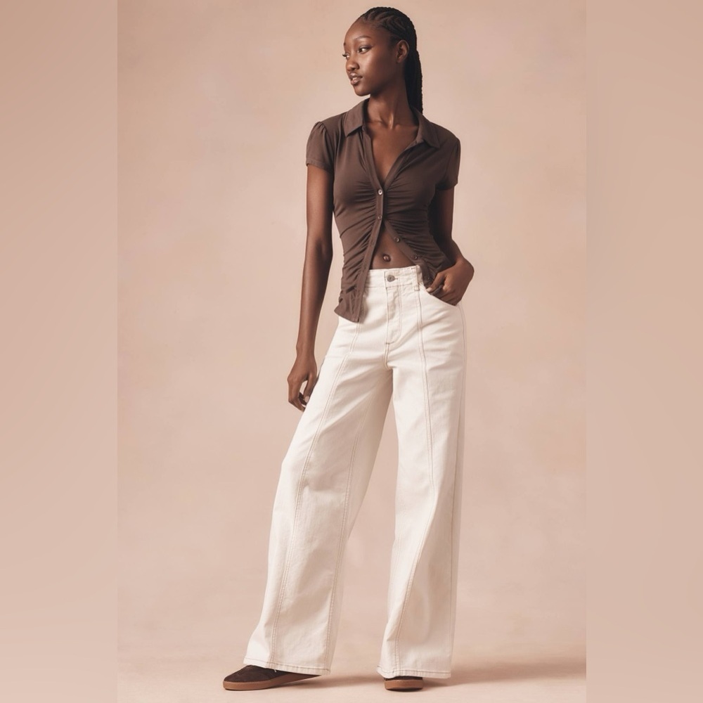 Pilcro Wide-Leg Jeans in White with Brown Top Styled